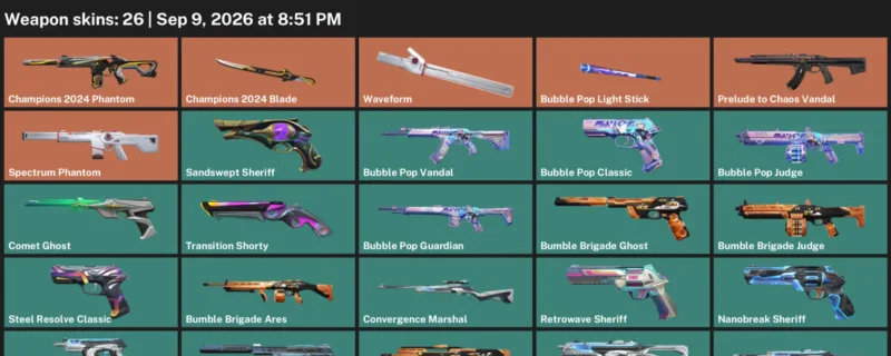 Valorant account inventory for LVL 187 · Champions 2024 Blade & Bubble Pop Vandal