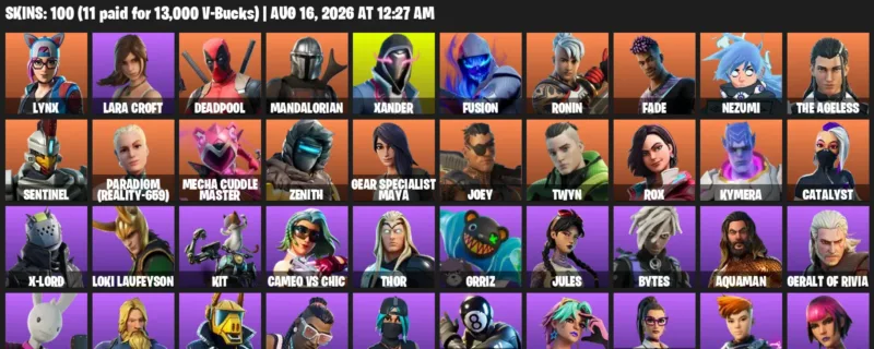 Fortnite account inventory for LVL 1989 - Lynx - Lara Croft - 100 Outfits