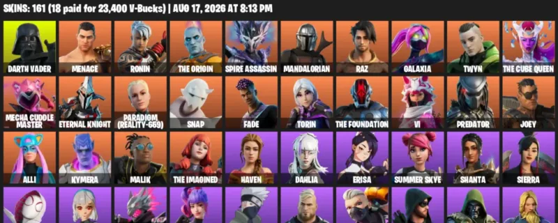 Fortnite account inventory for LVL 1515 - Darth Vader - Menace - 161 Outfits