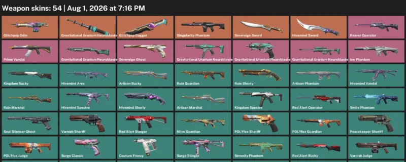 Valorant account inventory for LVL 57 · 54 Skins Glitchpop Dagger & Glitchpop Dagger & Hivemind Sword