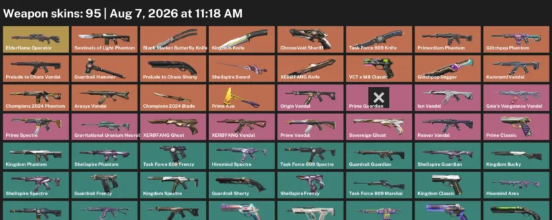 Valorant account inventory for LVL 150 · Champions 2024 Blade & Glitchpop Dagger