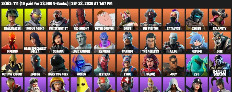Fortnite account inventory for Trailblazer - Rogue Agent - 111 Outfits