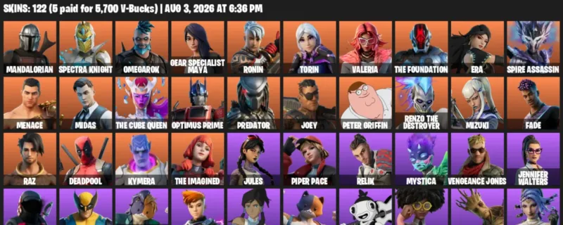 Fortnite account inventory for LVL 2086 - Mandalorian - Spectra Knight - 122 Outfits