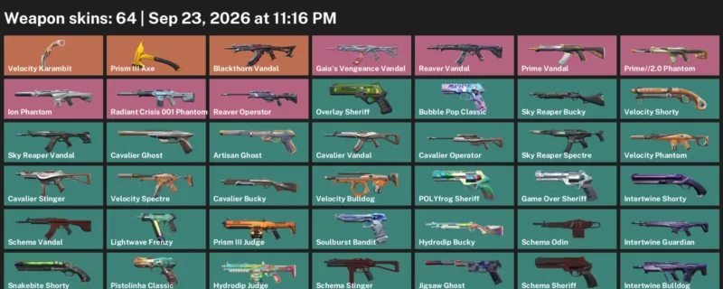 Valorant account inventory for LVL 268 · Velocity Karambit & Blackthorn Vandal