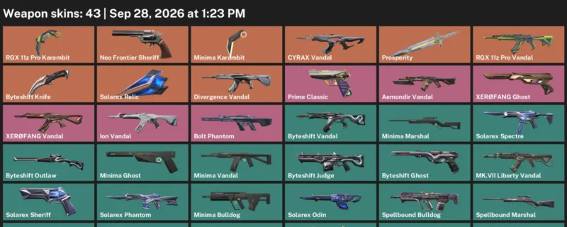 Valorant account inventory for LVL 61 · RGX 11z Pro Karambit & Byteshift Knife & Minima Karambit
