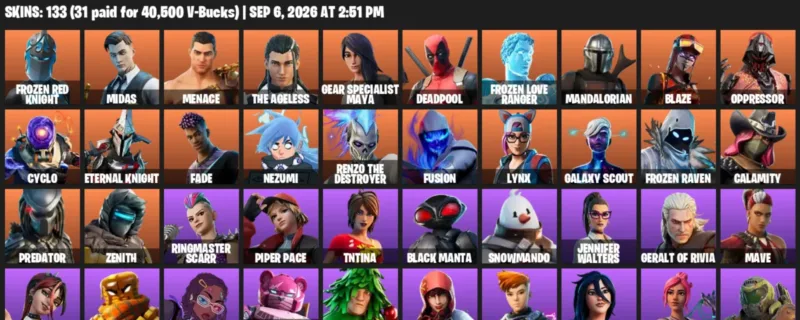Fortnite account inventory for LVL 2821 - Frozen Red Knight - Midas - 133 Outfits