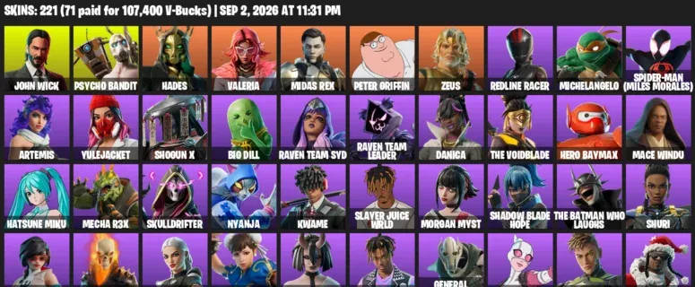 Fortnite account inventory for LVL 2075 - John Wick - Psycho Bandit - 221 Outfits