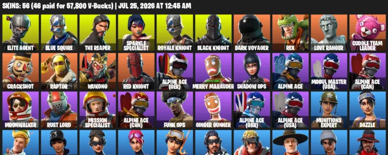 Fortnite Accounts listing: LVL 190 - Elite Agent - Blue Squire - 56 Outfits - 56 outfits