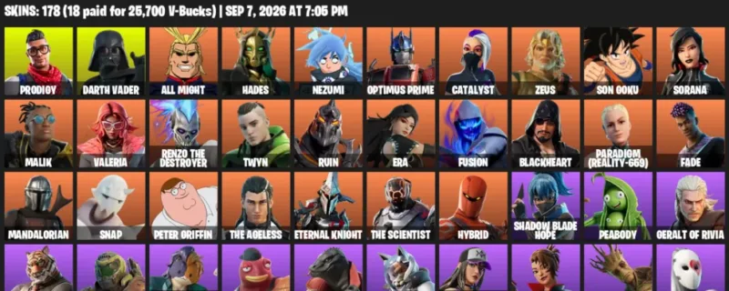 Fortnite account inventory for LVL 2865 - Prodigy - Darth Vader - 178 Outfits