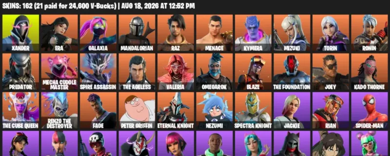 Fortnite account inventory for LVL 2707 - Xander - Era - 162 Outfits