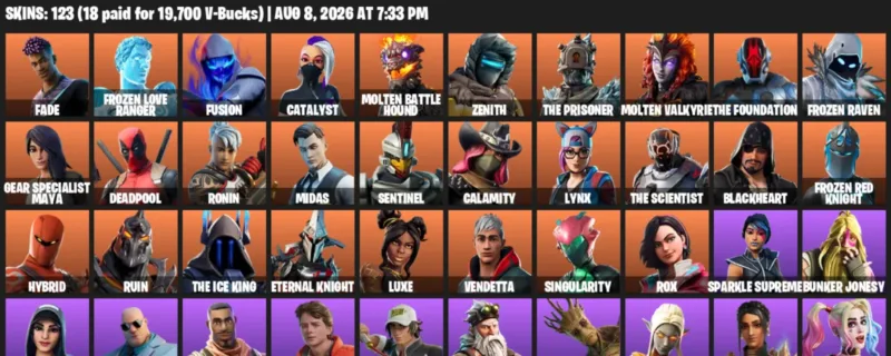 Fortnite account inventory for LVL 2209 - Fade - Frozen Love Ranger - 123 Outfits