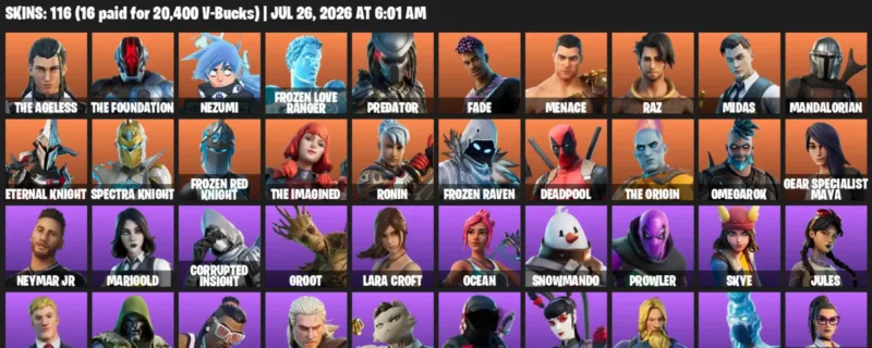 Fortnite Accounts listing: LVL 1492 - The Ageless - The Foundation - 116 Outfits - 116 outfits