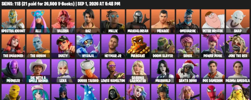 Fortnite account inventory for LVL 1190 - Spectra Knight - Alli - 118 Outfits