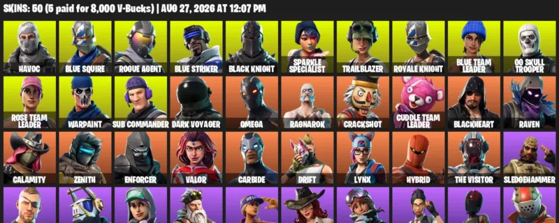 Fortnite account inventory for LVL 504 - Havoc - Blue Squire - 50 Outfits