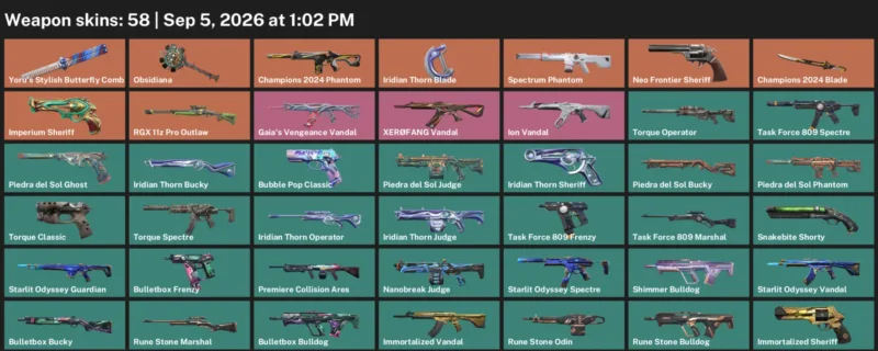 Valorant account inventory for LVL 136 · 58 Skins Champions 2024 Blade