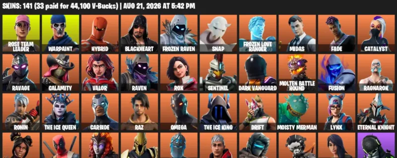 Fortnite account inventory for LVL 2197 - Rose Team Leader - Warpaint - 141 Outfits