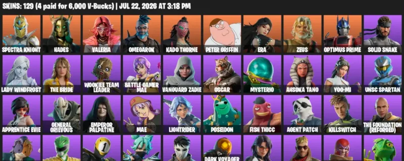 Fortnite Accounts listing: LVL 2229 - Spectra Knight - Hades - 129 Outfits - 129 outfits