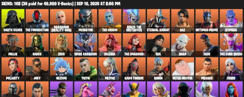 Fortnite account inventory for LVL 3526 - Darth Vader - The Foundation - 168 Outfits