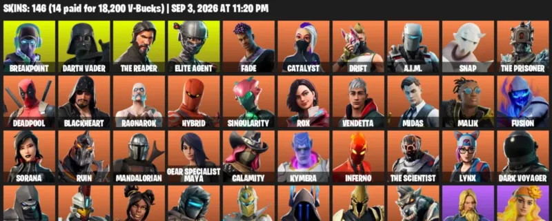 Fortnite account inventory for LVL 1775 - Breakpoint - Darth Vader - 146 Outfits