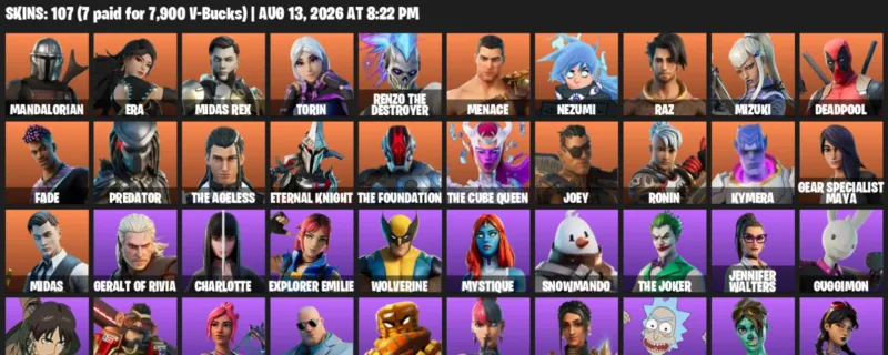Fortnite account inventory for LVL 2121 - Mandalorian - Era - 107 Outfits