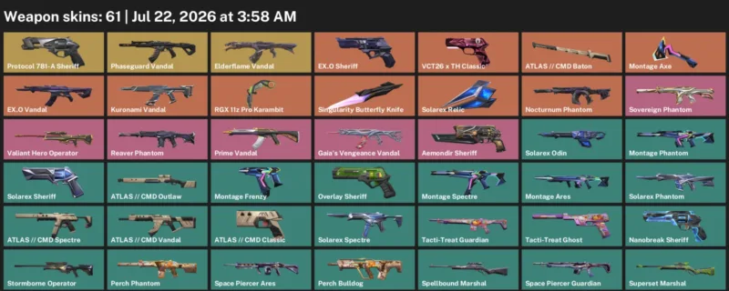 Valorant Accounts listing: LVL 207 · RGX 11z Pro Karambit & Singularity Butterfly Knife · 61 Skins - Diamond 2, 61 skins