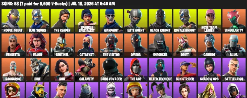 Fortnite Accounts listing: LVL 1024 - Rogue Agent - Blue Squire - 58 Outfits - 58 outfits