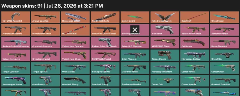 Valorant Accounts listing: LVL 121 · Comet Sword & Orion Sword · 91 Skins - Immortal 1, 91 skins