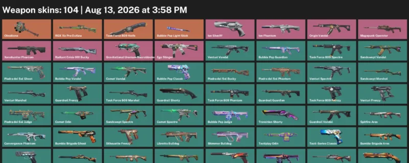 Valorant account inventory for LVL 252 · Task Force 809 Knife & Xenohunter Phantom