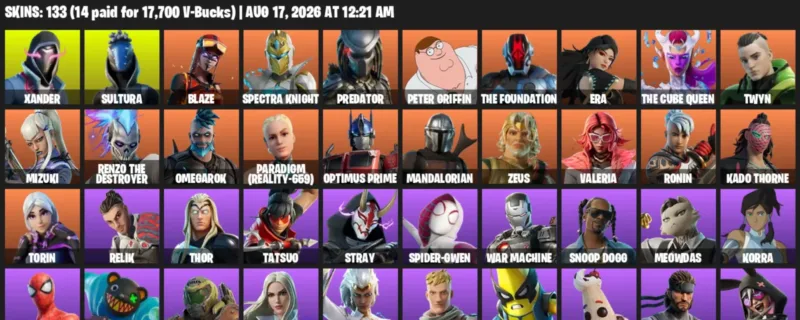 Fortnite account inventory for LVL 2136 - Xander - Sultura - 133 Outfits