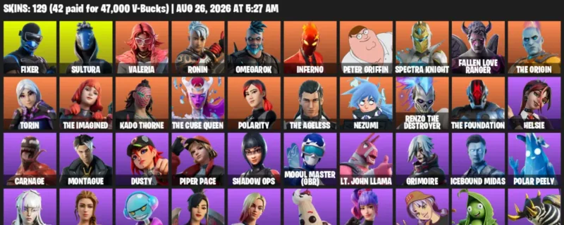 Fortnite account inventory for LVL 1602 - Fixer - Sultura - 129 Outfits