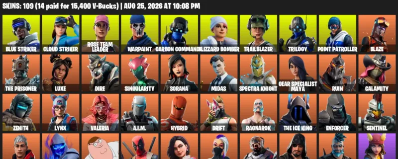 Fortnite account inventory for LVL 1445 - Blue Striker - Cloud Striker - 109 Outfits