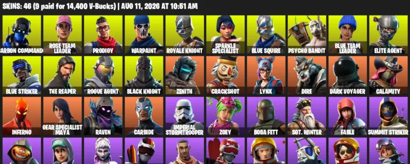 Fortnite account inventory for LVL 668 - Carbon Commando - Rose Team Leader - 46 Outfits