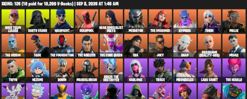 Fortnite account inventory for LVL 1808 - Rose Team Leader - Darth Vader - 126 Outfits