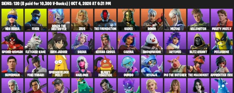 Fortnite account inventory for Neo Versa - Fixer - 120 Outfits