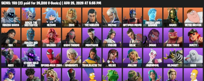 Fortnite account inventory for LVL 1955 - Frozen Raven - Renzo the Destroyer - 159 Outfits