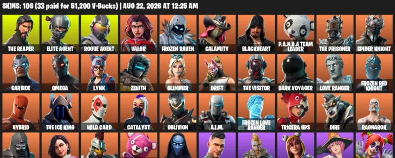 Fortnite account inventory for LVL 1126 - The Reaper - Elite Agent - 106 Outfits