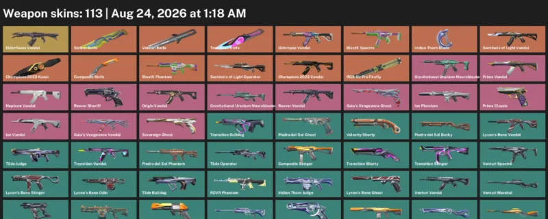 Valorant account inventory for LVL 211 · Champions 2023 Kunai & Composite Knife