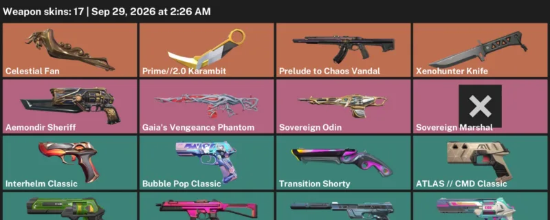 Valorant account inventory for LVL 147 · Xenohunter Knife & Celestial Fan & Prime