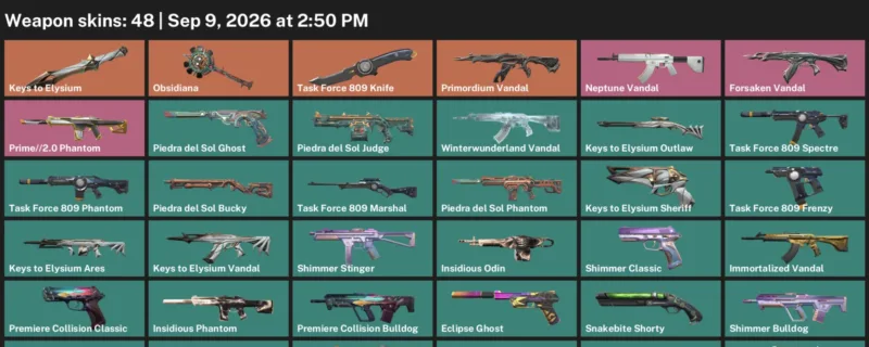 Valorant account inventory for LVL 156 · Forsaken Vandal & Task Force 809 Knife