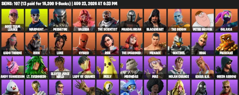 Fortnite account inventory for LVL 2504 - Rose Team Leader - Warpaint - 107 Outfits