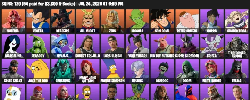 Fortnite Accounts listing: LVL 1020 - Valeria - Vegeta - 120 Outfits - 120 outfits