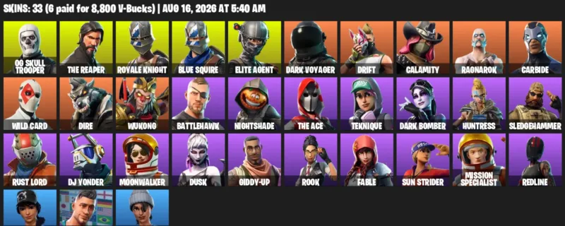 Fortnite account inventory for LVL 308 - OG Skull Trooper - The Reaper - 33 Outfits