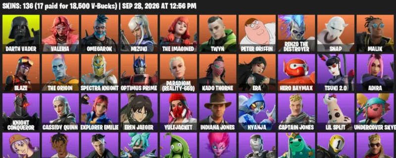 Fortnite account inventory for Darth Vader - Valeria - 120 Outfits