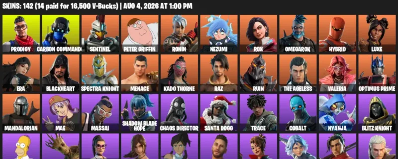 Fortnite account inventory for LVL 2585 - Prodigy - Carbon Commando - 142 Outfits