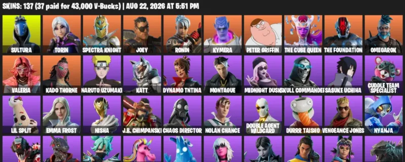 Fortnite account inventory for LVL 1520 - Sultura - Torin - 137 Outfits