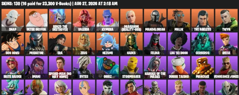 Fortnite account inventory for LVL 1213 - Snap - Peter Griffin - 130 Outfits