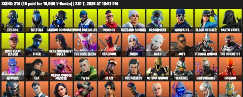 Fortnite account inventory for LVL 2403 - Trilogy - Sultura - 214 Outfits