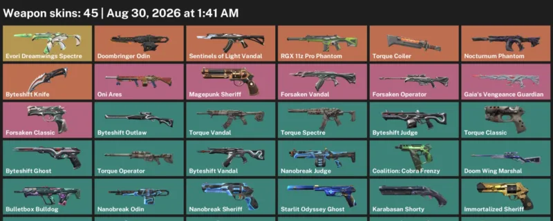 Valorant account inventory for LVL 208 · Byteshift Knife & Aero Frenzy