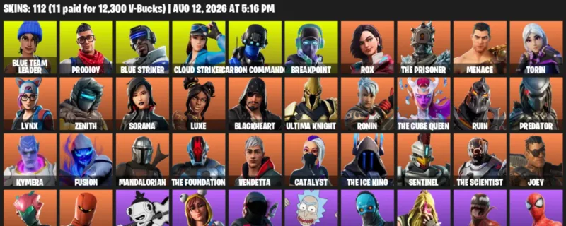 Fortnite account inventory for LVL 2195 - Blue Team Leader - Prodigy - 112 Outfits