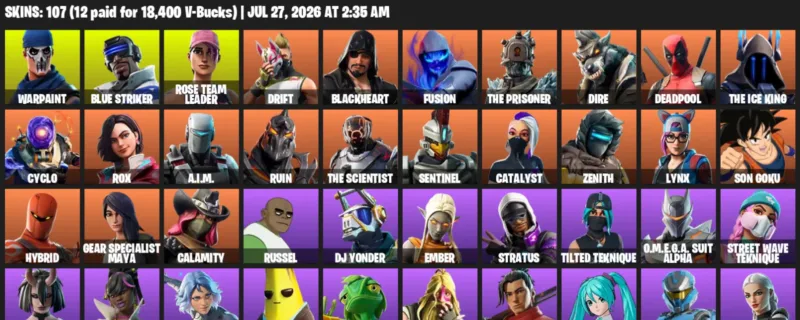 Fortnite Accounts listing: LVL 1214 - Warpaint - Blue Striker - 107 Outfits - 107 outfits